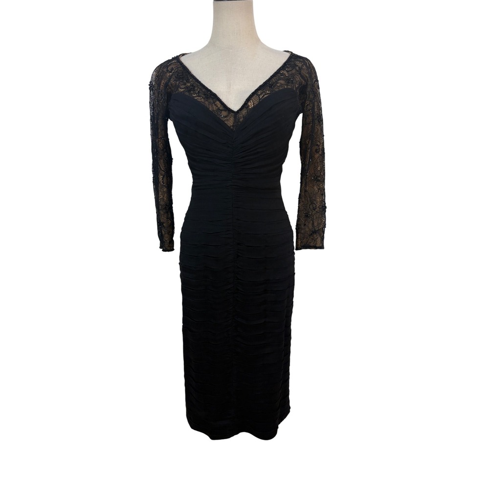 Tadashi Collection Cocktail Dress  2 Black Silk illusion Lace Ruched Event chic